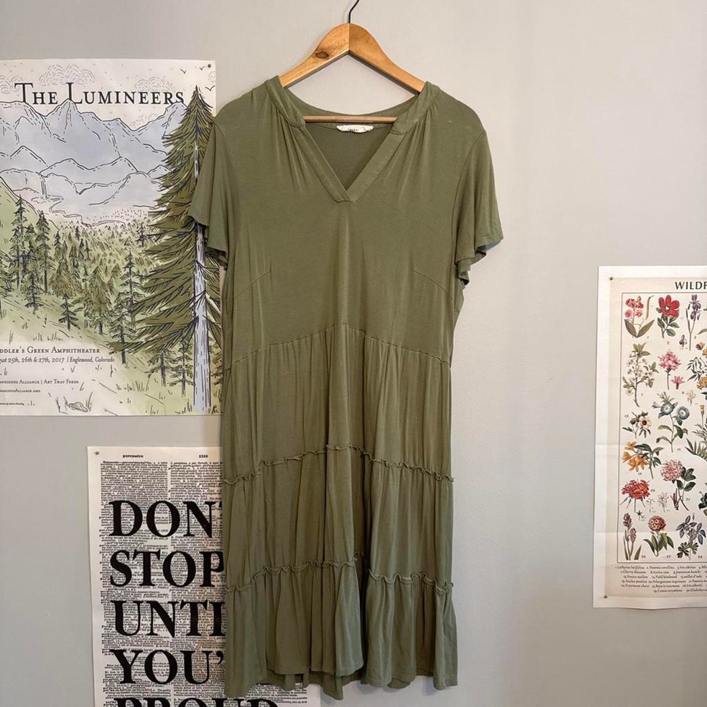 Olive green lucky brand tiered babydoll dress with ruffle details